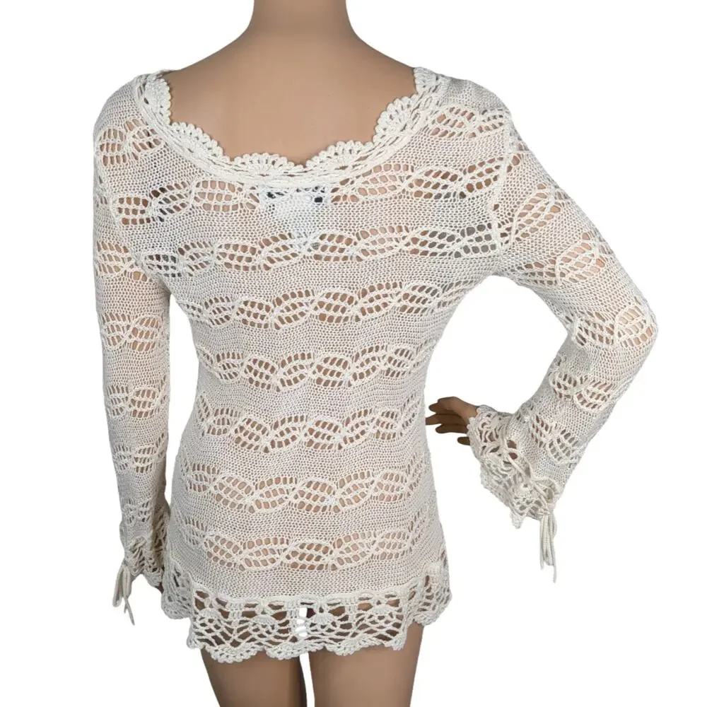 Vintage Joseph A Ivory Open Crochet Knit Sweater Scalloped Pointelle Coquette L